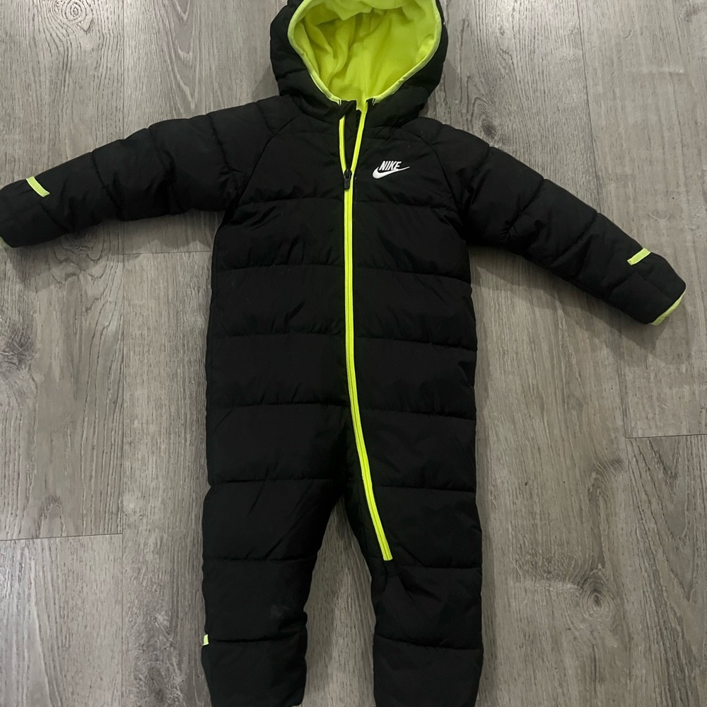 Nike Kids Black and Neon Yellow Hooded One-Piece Snowsuit